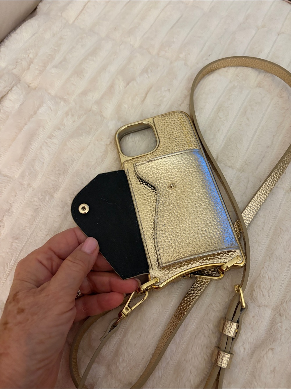 Gold Bandolier iPhone 15 Crossbody Case with gold Trim and leather Strap - Picture 4 of 6
